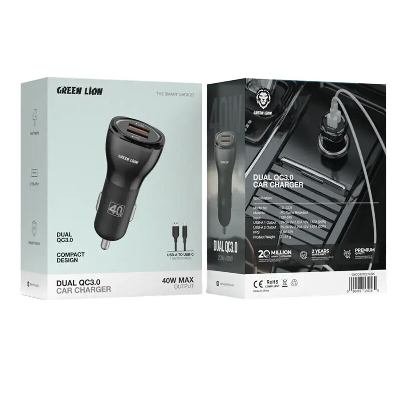شارژر فندکی فست شارژ Green Lion GL-CC9 QC3.0 3A 20W + کابل تایپ سی