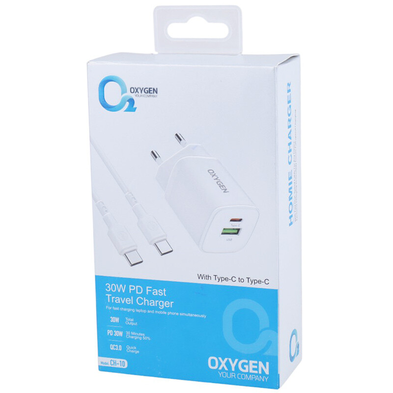 شارژر دیواری 30 وات اکسیژن CH-10 PD QC3.0 3A + کابل تبدیل تایپ سی
