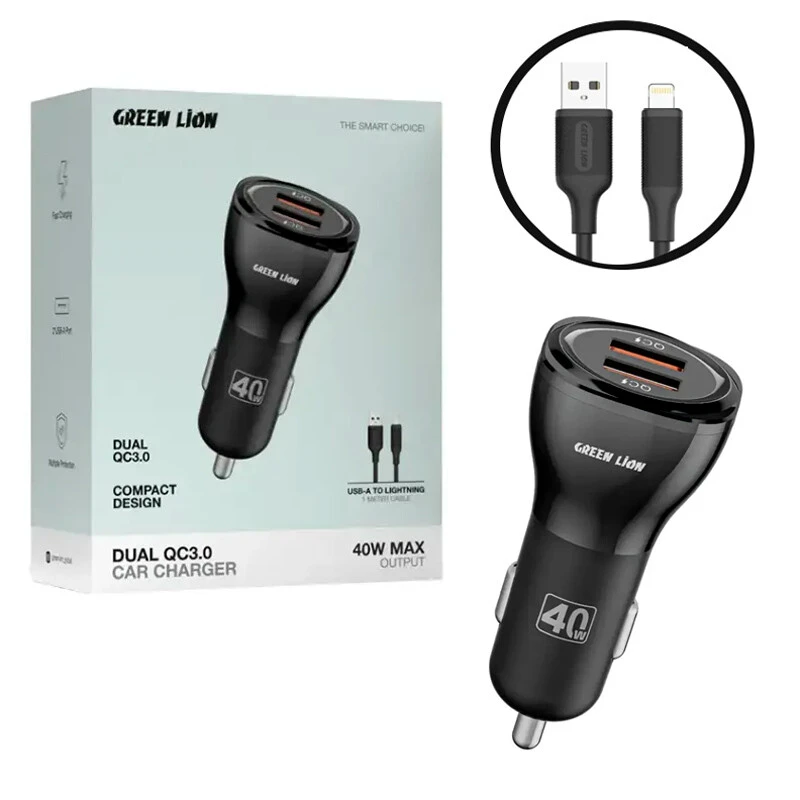 شارژر فندکی فست شارژ Green Lion GL-CC9 QC3.0 3A 20W + کابل آیفونی