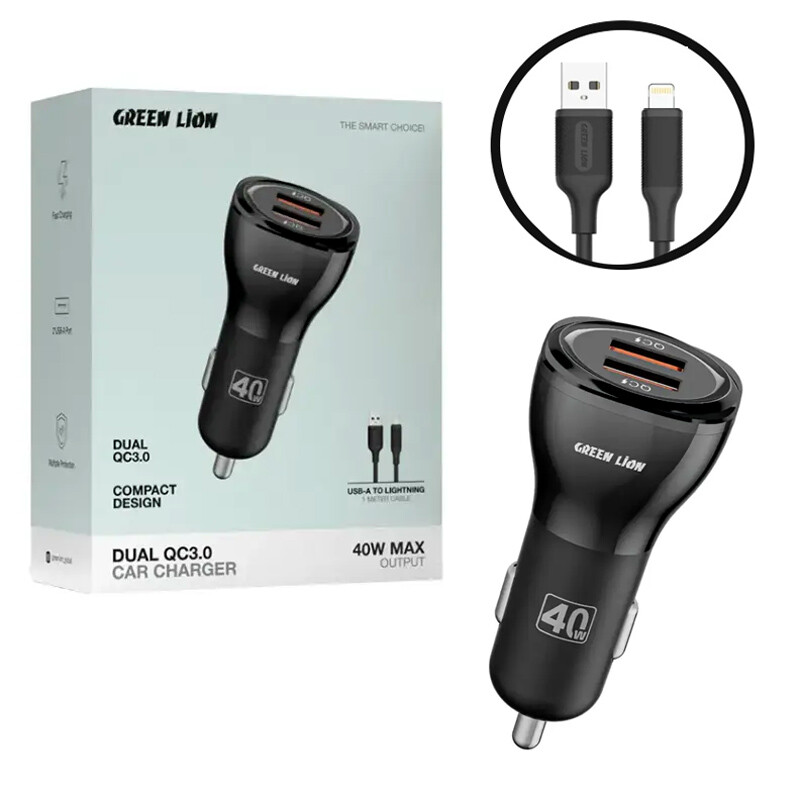 شارژر فندکی فست شارژ Green Lion GL-CC9 QC3.0 3A 20W + کابل آیفونی