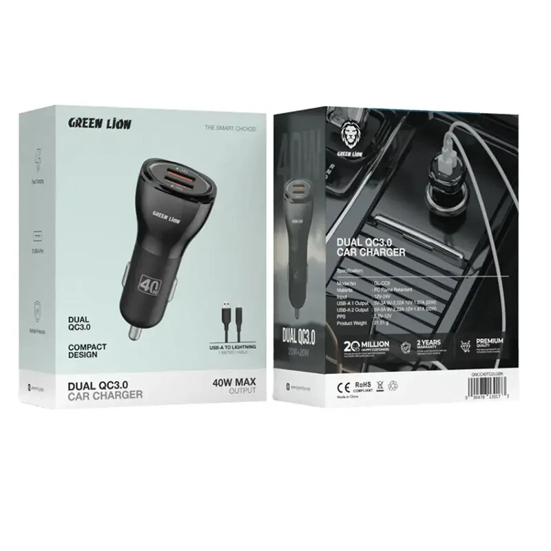 شارژر فندکی فست شارژ Green Lion GL-CC9 QC3.0 3A 20W + کابل آیفونی