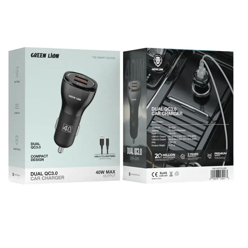 شارژر فندکی فست شارژ Green Lion GL-CC9 QC3.0 3A 20W + کابل آیفونی
