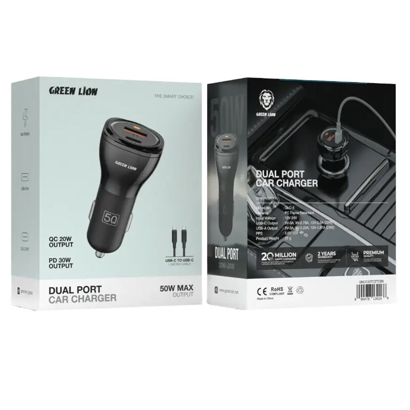 شارژر فندکی فست شارژ Green Lion GLC-5 QC3.0 PD 3A 30W + کابل تبدیل تایپ سی