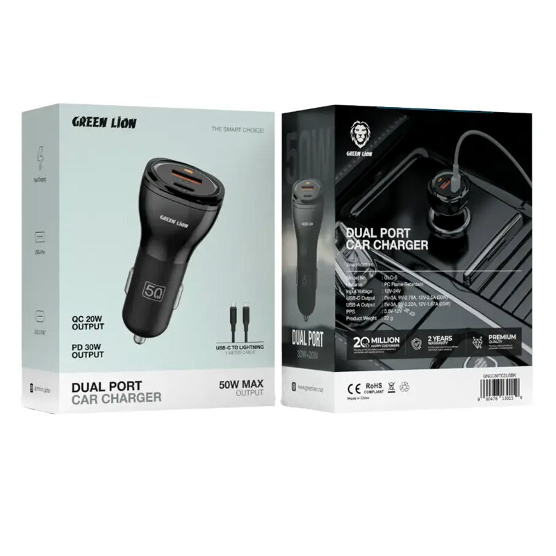 شارژر فندکی فست شارژ Green Lion GLC-5 QC3.0 PD 3A 30W + کابل تبدیل آیفونی