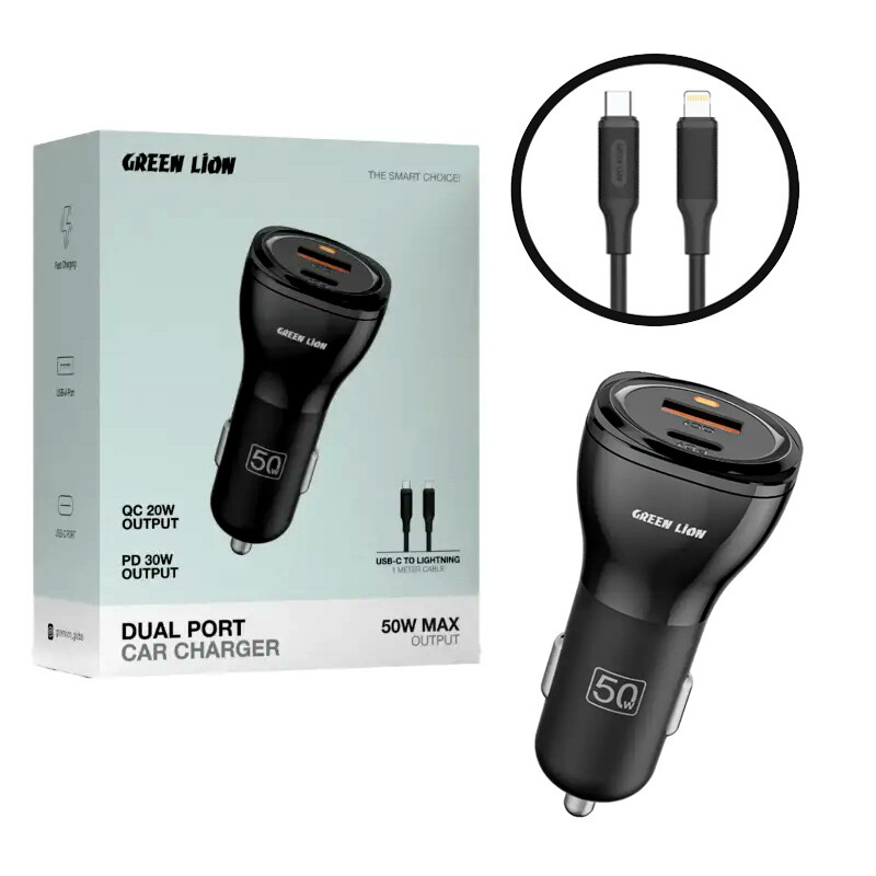 شارژر فندکی فست شارژ Green Lion GLC-5 QC3.0 PD 3A 30W + کابل تبدیل آیفونی