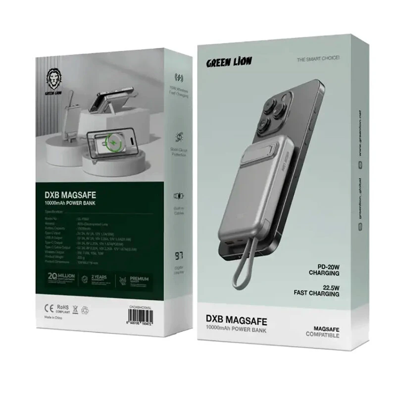 پاوربانک بی سیم فست شارژ گرین لاین DXB MAGSAFE PD 22.5W ظرفیت 10000 میلی آمپر ساعت