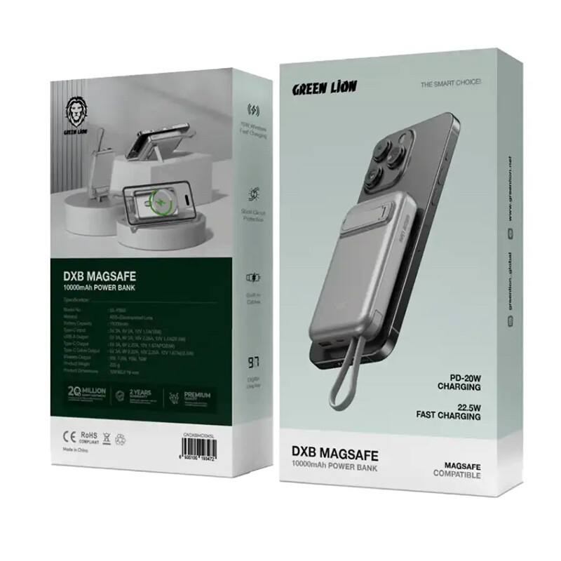 پاوربانک بی سیم فست شارژ گرین لاین DXB MAGSAFE PD 22.5W ظرفیت 10000 میلی آمپر ساعت