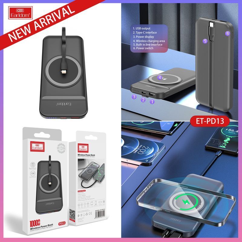 پاور بانک بی سیم فست شارژ ارلدام ET-PD13 QC 22.5W ظرفیت 10000 میلی آمپر ساعت