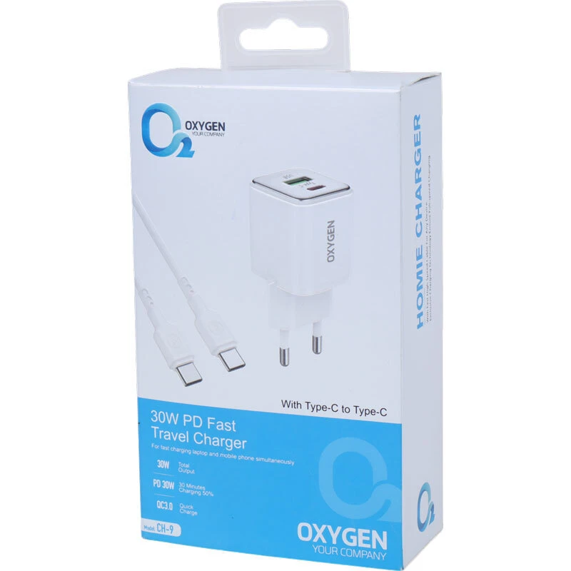 شارژر دیواری 30 وات اکسیژن CH-9 QC3.0 PD 3A + کابل تایپ سی