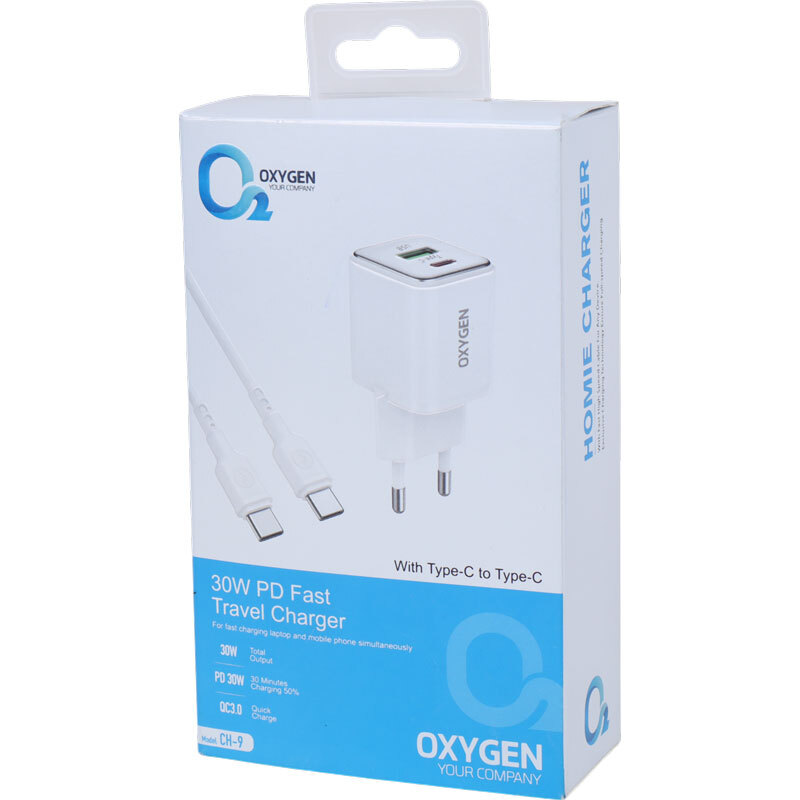 شارژر دیواری 30 وات اکسیژن CH-9 QC3.0 PD 3A + کابل تایپ سی