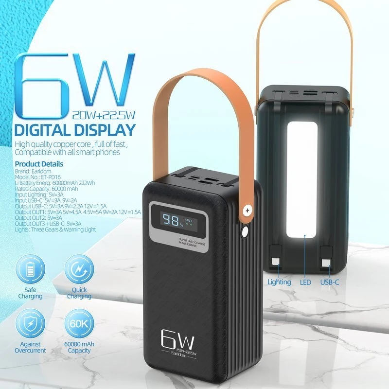 پاور بانک فست شارژ ارلدام ET-PD16 QC 22.5W ظرفیت 60000 میلی آمپر ساعت