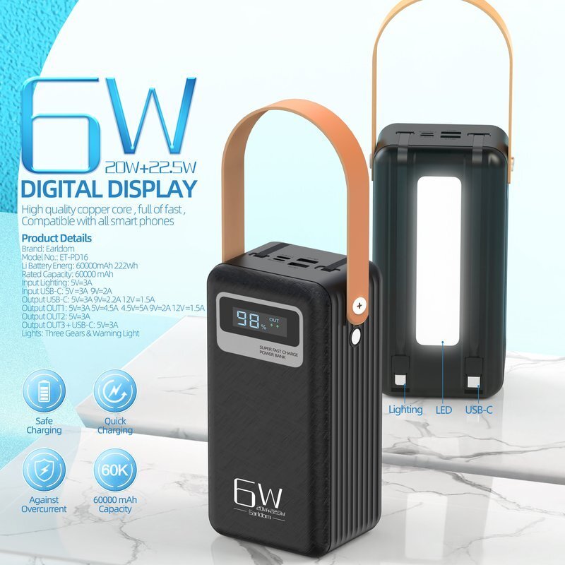 پاور بانک فست شارژ ارلدام ET-PD16 QC 22.5W ظرفیت 60000 میلی آمپر ساعت