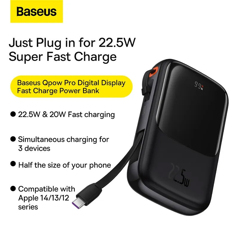 پاور بانک فست شارژ باسئوس Qpow Pro PPQD06010 QC3.0 PD 22.5W ظرفیت 10000 میلی آمپر ساعت