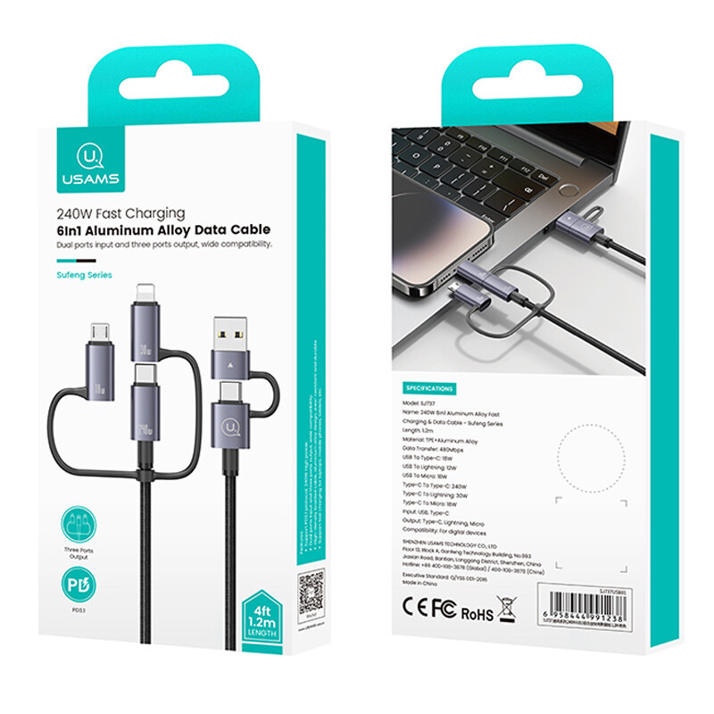 کابل تبدیل فست شارژ Usams SJ738 PD3.1 240W 2m