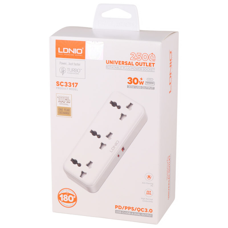 چند راهی 3 خانه برق الدینیو SC3317 + شارژر USB و Type-C