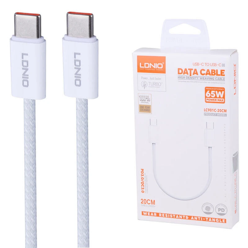 کابل تبدیل کوتاه فست شارژ Ldnio LC901C Type-C To Type-C QC3.0 PD3.0 65W 20cm