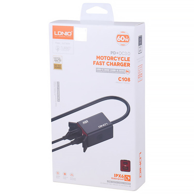 شارژر موبایل موتور سیکلت فست شارژ LDNIO C108 QC3.0 PD 3A 30W
