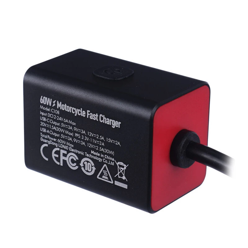 شارژر موبایل موتور سیکلت فست شارژ LDNIO C108 QC3.0 PD 3A 30W