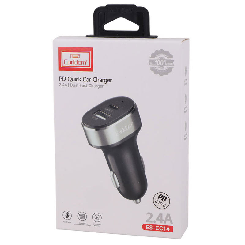 شارژر فندکی فست شارژ Earldom ES-CC14 2.4A QC3.0 PD 12W + کابل تبدیل تایپ سی