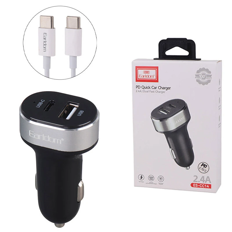 شارژر فندکی فست شارژ Earldom ES-CC14 2.4A QC3.0 PD 12W + کابل تبدیل تایپ سی