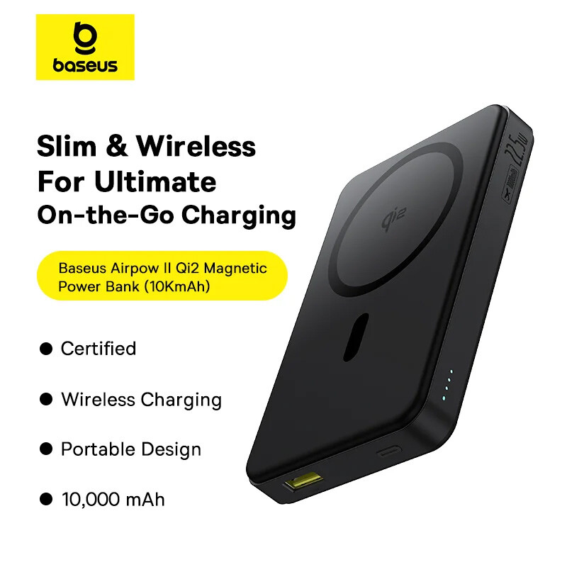 پاور بانک بی سیم فست شارژ باسئوس Airpow 2 Qi2 Magnetic P10080000123 22.5W ظرفیت 10000 میلی آمپر ساعت