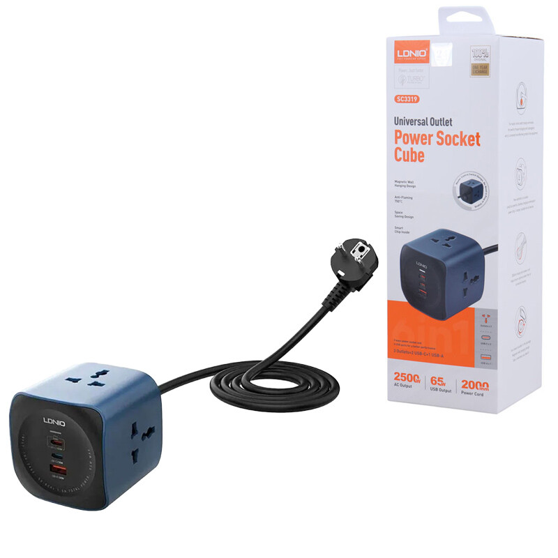 چند راهی 3 خانه الدینیو Universal Outlet SC3319 با کابل 2 متری + شارژر USB و Type-C