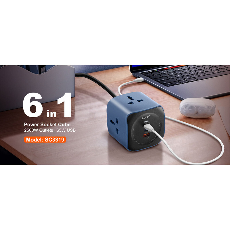 چند راهی 3 خانه الدینیو Universal Outlet SC3319 با کابل 2 متری + شارژر USB و Type-C