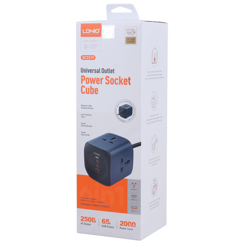 چند راهی 3 خانه الدینیو Universal Outlet SC3319 با کابل 2 متری + شارژر USB و Type-C