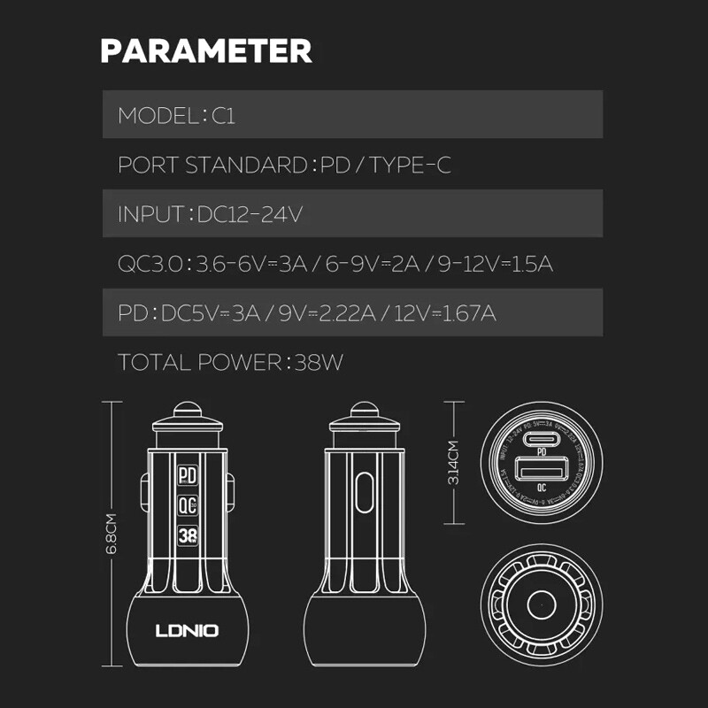 شارژر فندکی فست شارژ Ldnio C1 QC3.0 PD 20.5W + کابل تایپ سی
