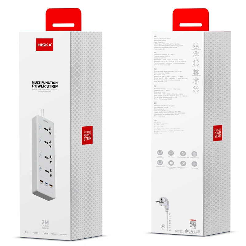 چند راهی 4 خانه برق ارت دار هیسکا CH5518 با کابل ۲ متری + شارژر USB و Type-C