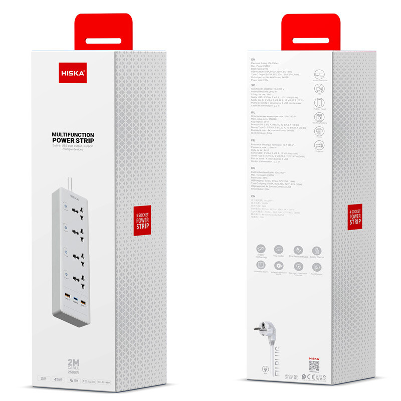 چند راهی 4 خانه برق ارت دار هیسکا CH5518 با کابل ۲ متری + شارژر USB و Type-C
