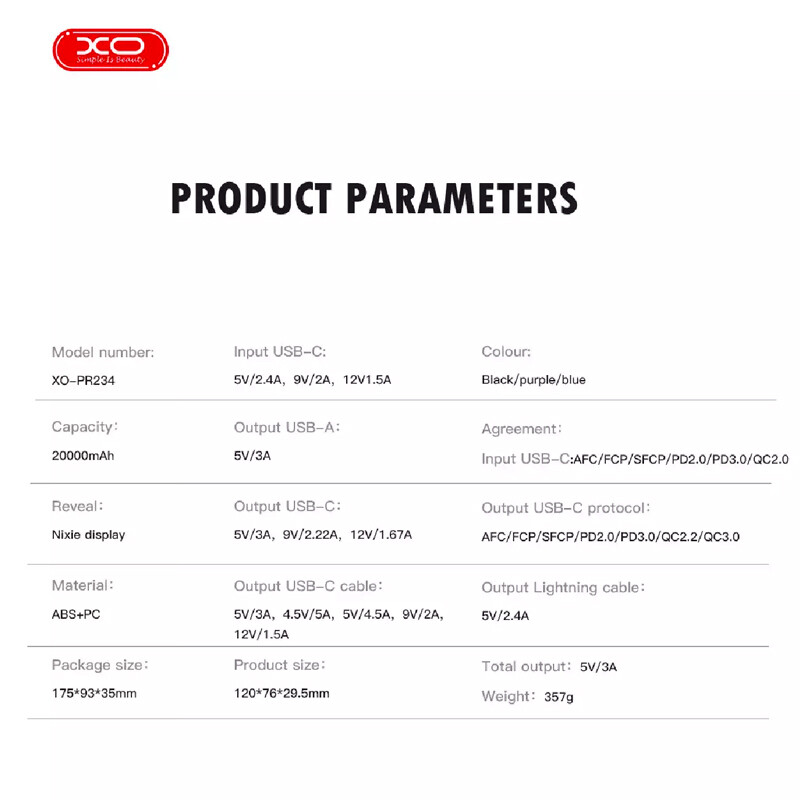 پاور بانک فست شارژ ایکس او XO-PR234 QC3.0 PD 22.5W ظرفیت 20000 میلی آمپر ساعت