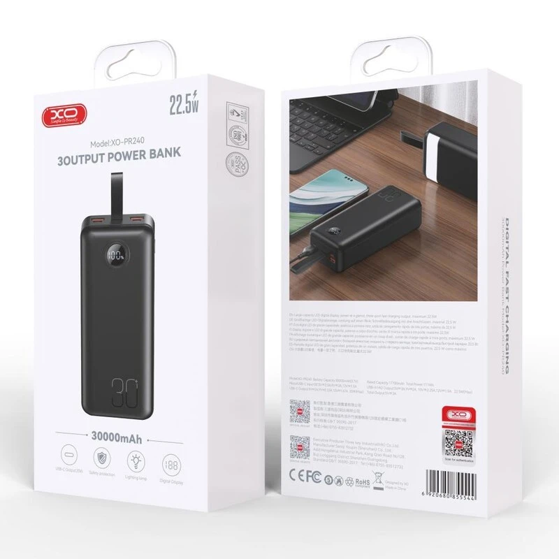 پاور بانک فست شارژ ایکس او XO-PR240 QC3.0 PD 22.5W ظرفیت 30000 میلی آمپر ساعت