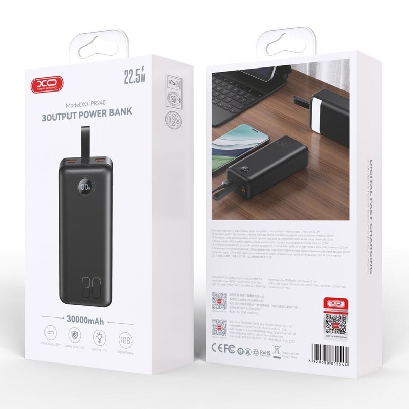 پاور بانک فست شارژ ایکس او XO-PR240 QC3.0 PD 22.5W ظرفیت 30000 میلی آمپر ساعت