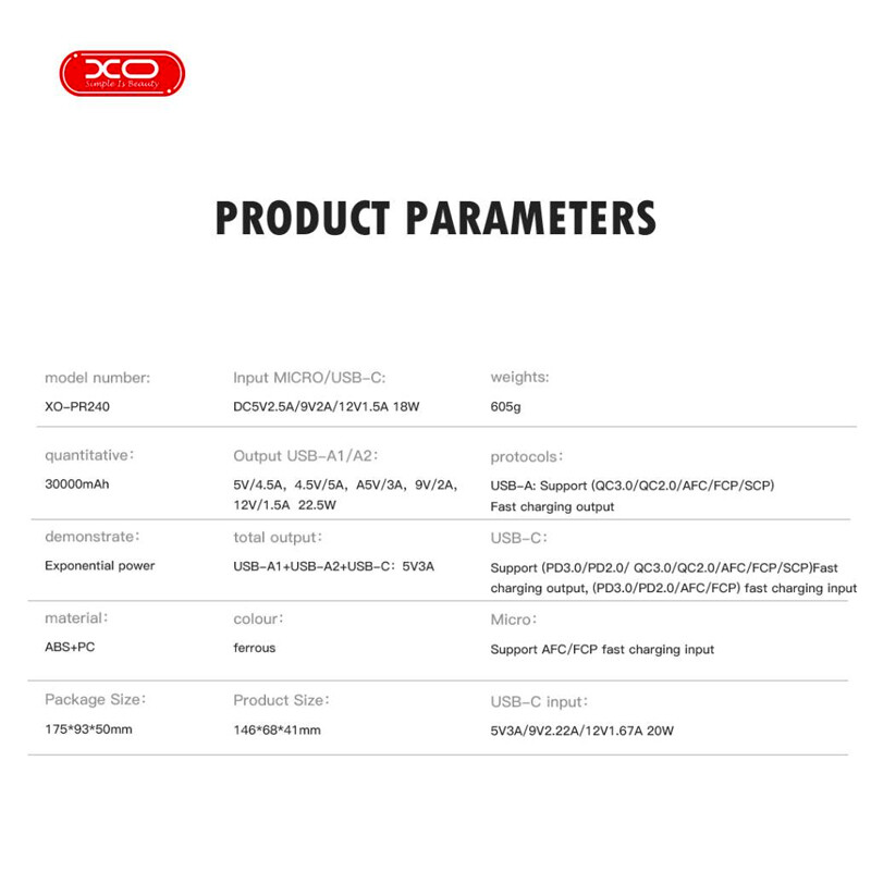 پاور بانک فست شارژ ایکس او XO-PR240 QC3.0 PD 22.5W ظرفیت 30000 میلی آمپر ساعت