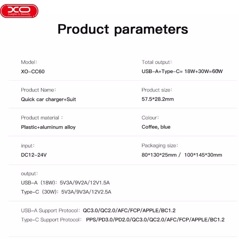 شارژر فندکی فست شارژ XO XO-CC60 3A QC3.0 PD 60W