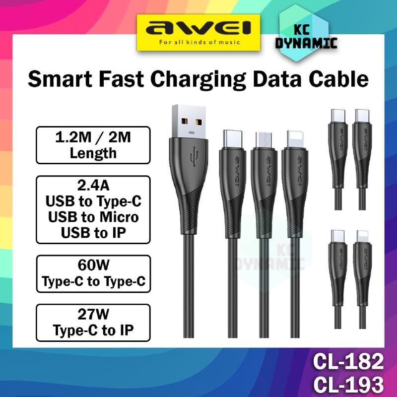 کابل تبدیل فست شارژ Awei CL-182C Type-C to Type-C 3A 60W 1m
