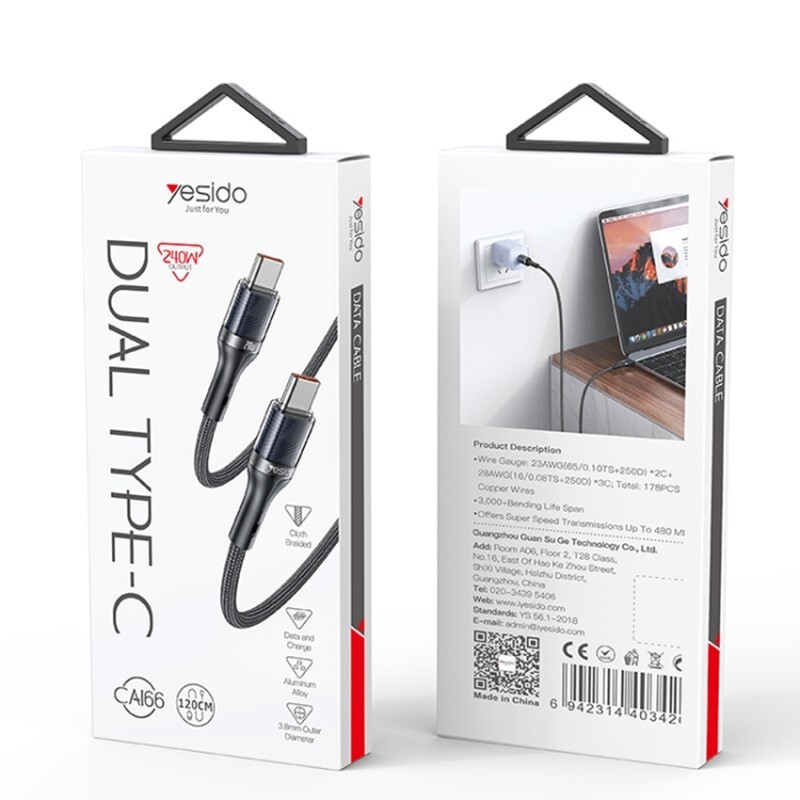 کابل تبدیل فست شارژ Yesido CA166 type-c to type-c 240W 1.2cm