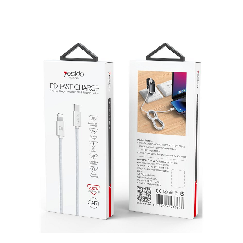 کابل تبدیل فست شارژ Yesido CA171 Type-C To Lightning PD 27W 2m