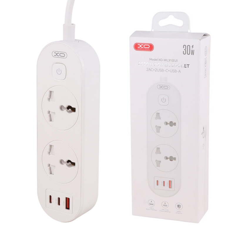 چند راهی 2 خانه ارت دار ایکس او XO-WL31 با کابل 1.5 متری + شارژر USB و Type-C