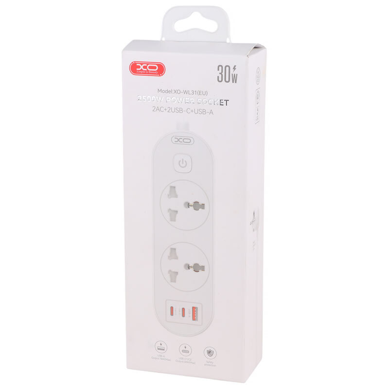 چند راهی 2 خانه ارت دار ایکس او XO-WL31 با کابل 1.5 متری + شارژر USB و Type-C