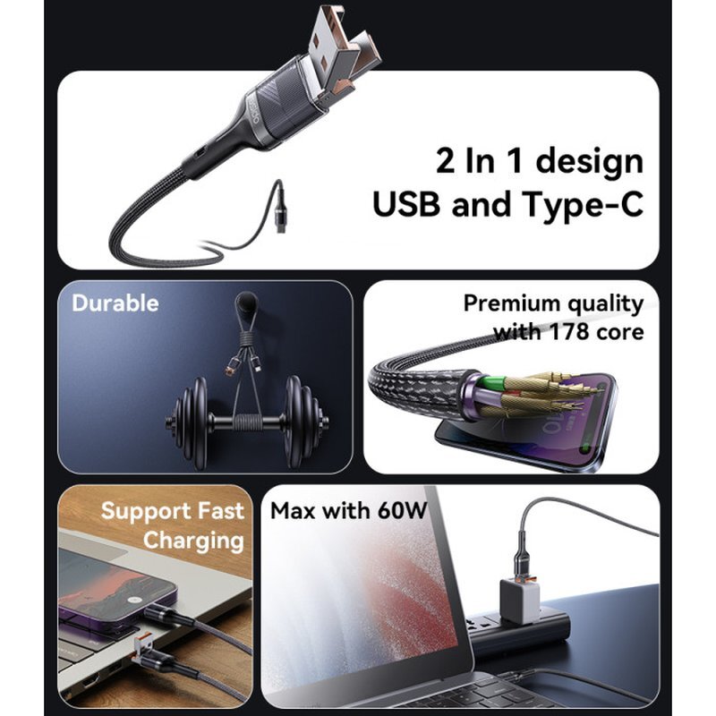 کابل تبدیل فست شارژ Yesido CA165C 60W 1.2m