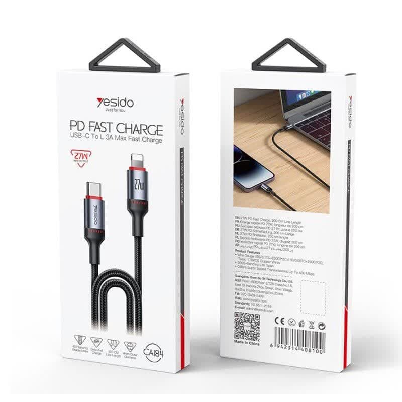 کابل تبدیل فست شارژ Yesido CA184 Type-C To Lightning 3A PD 27W 2m