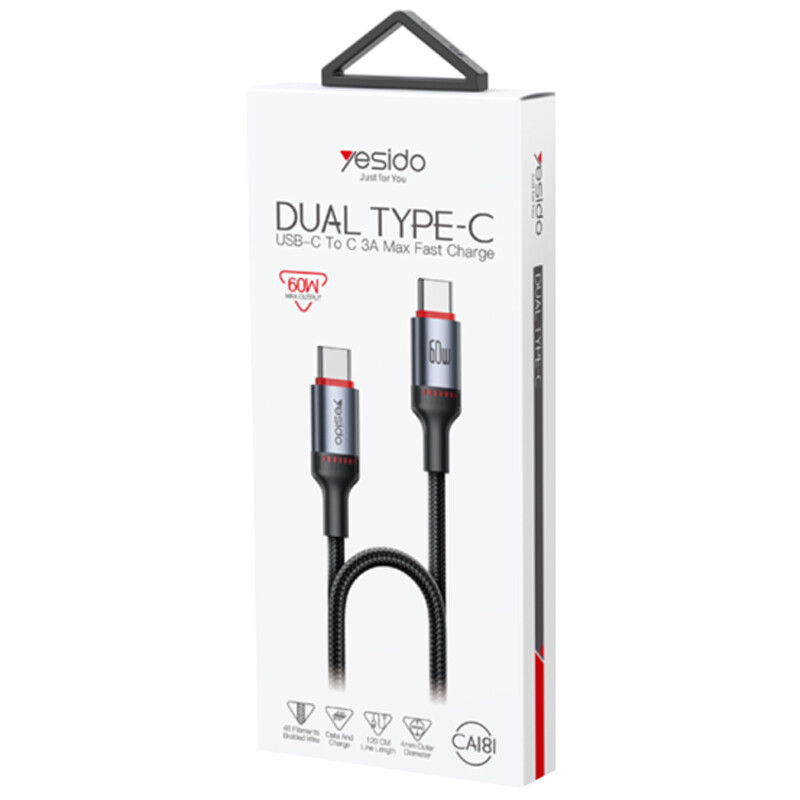کابل تبدیل فست شارژ Yesido CA181 Type-C To Type-C PD 3A 60W 1.2m