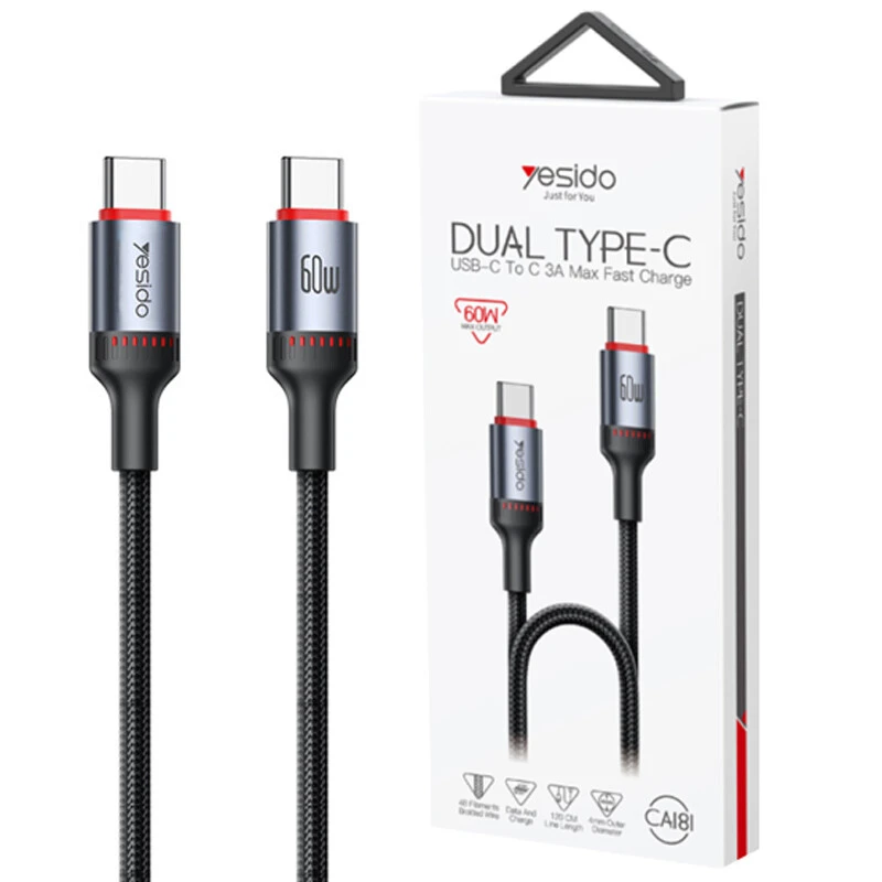 کابل تبدیل فست شارژ Yesido CA181 Type-C To Type-C PD 3A 60W 1.2m