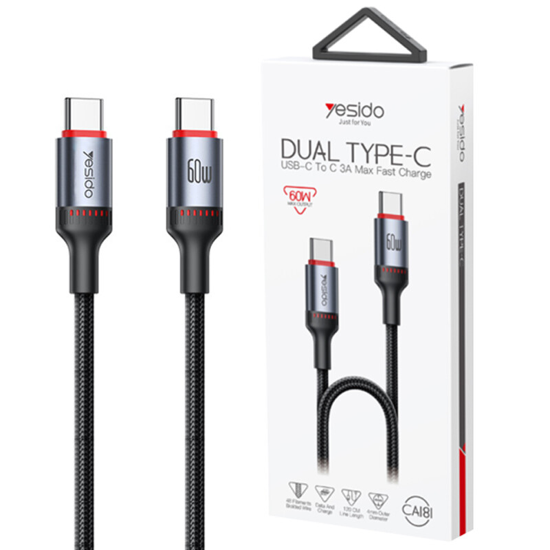 کابل تبدیل فست شارژ Yesido CA181 Type-C To Type-C PD 3A 60W 1.2m