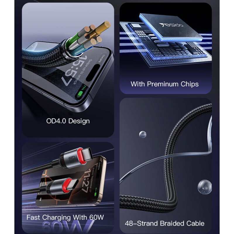 کابل تبدیل فست شارژ Yesido CA181 Type-C To Type-C PD 3A 60W 1.2m