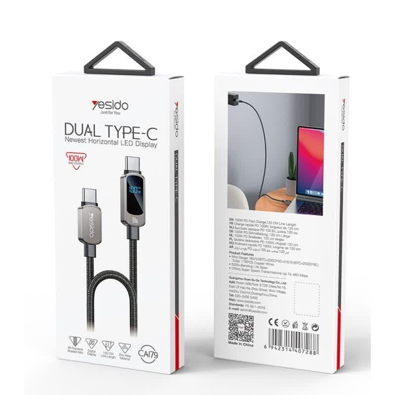 کابل تبدیل فست شارژ Yesido CA179 Type-C To Type-C 3A PD 100W 1.2m