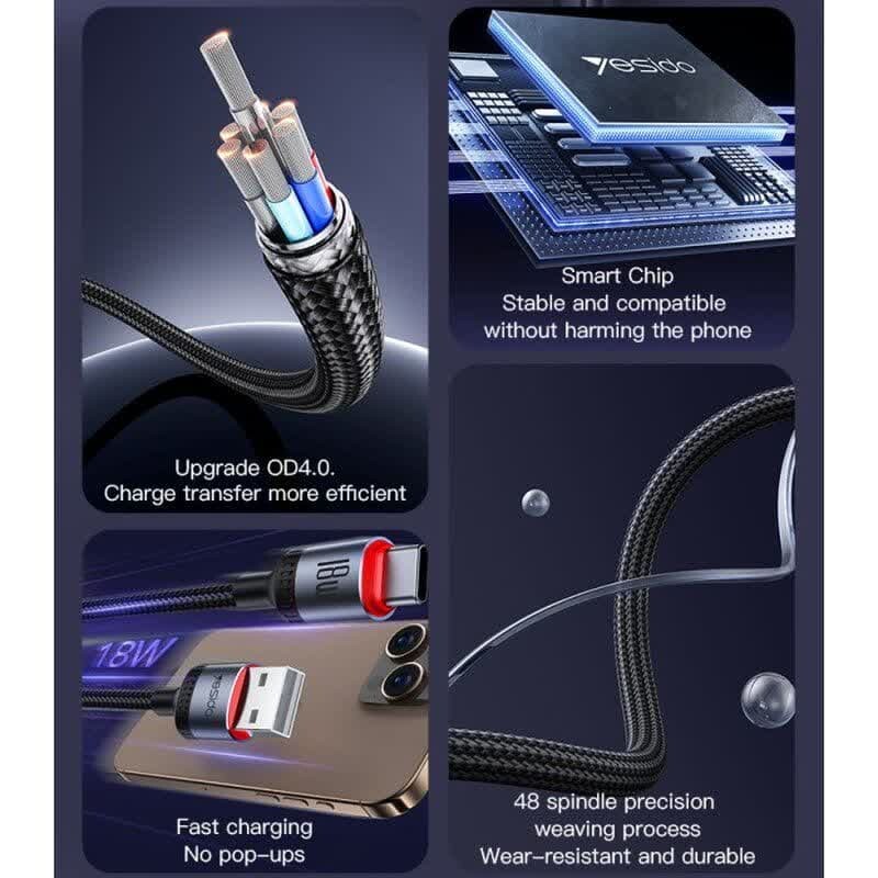 کابل تایپ سی فست شارژ Yesido CA129 3A 18W 1.2m