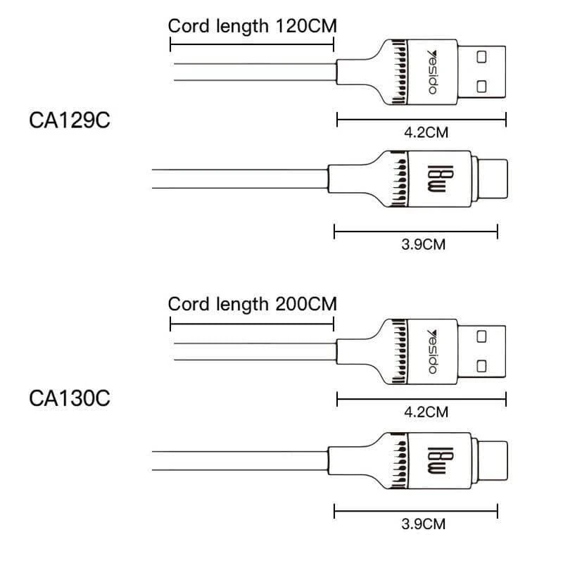 کابل تایپ سی فست شارژ Yesido CA129 3A 18W 1.2m